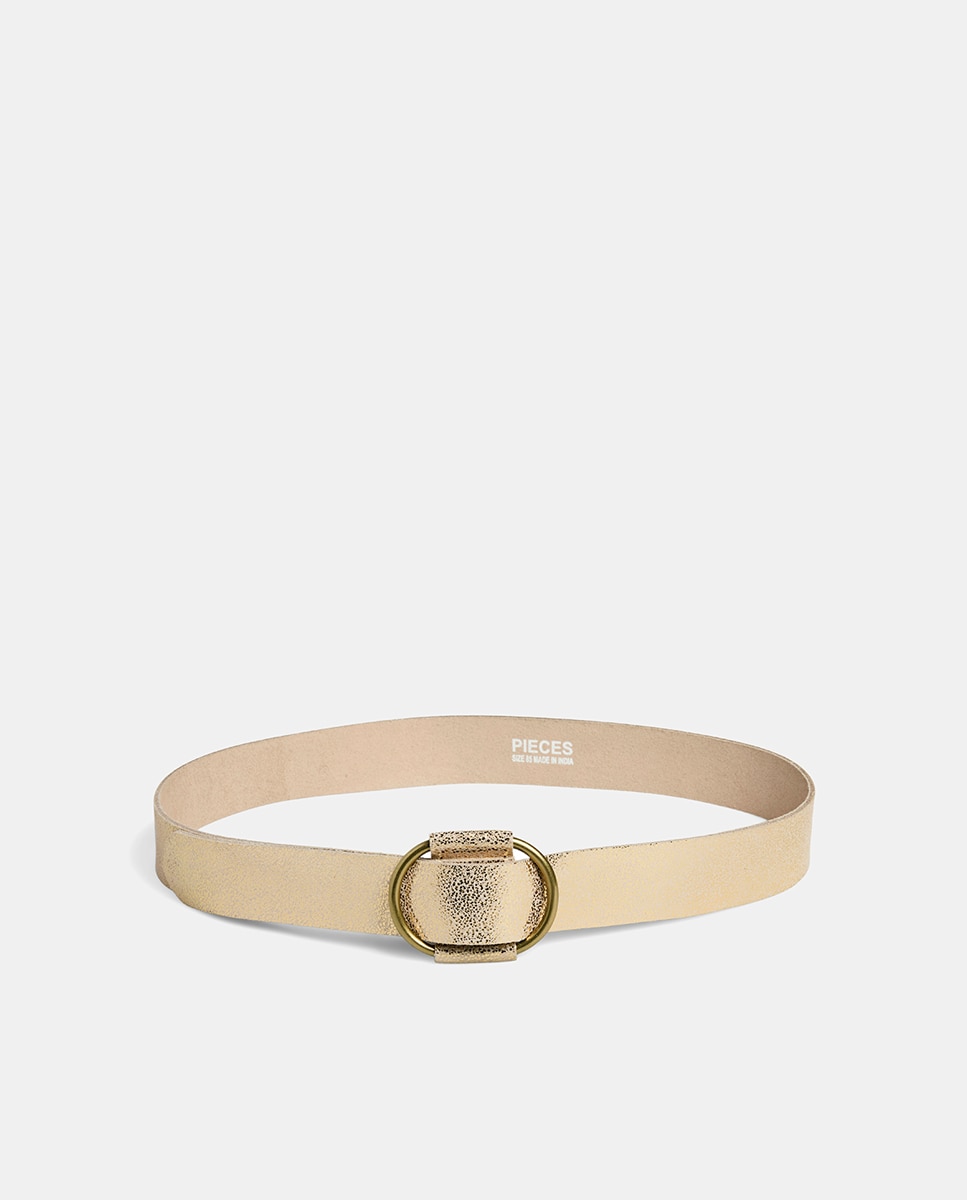 Cinto de pele castanho com fivela oval Ouro-1