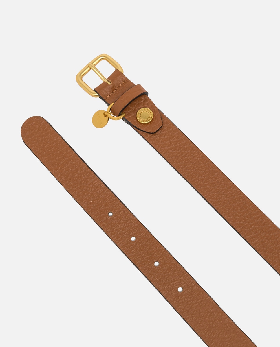 Cinto em Pele com Textura - Castanho Conta e Rebite com Logótipo Castanho-claro-2