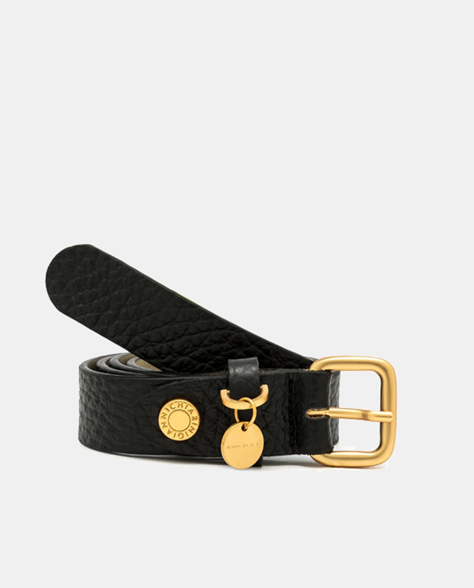 Cinto em Pele com Textura - Preto Conta e Rebite com Logótipo Preto-1