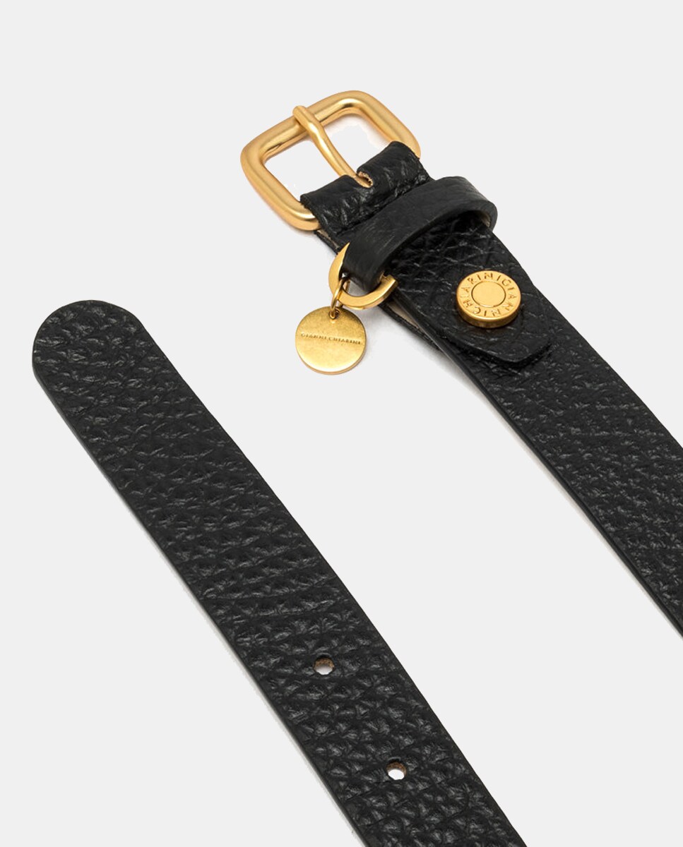 Cinto em Pele com Textura - Preto Conta e Rebite com Logótipo Preto-2