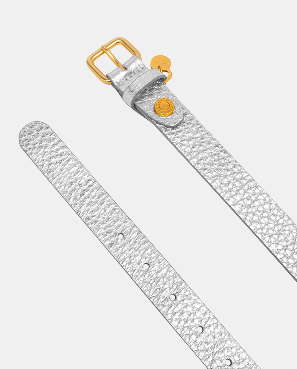 Cinto em Pele com Textura - Prateado Conta e Rebite com Logótipo Prata-2