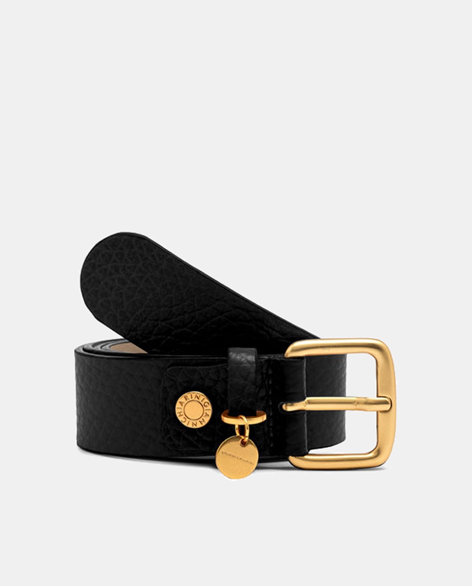 Cinto em Pele com Textura - Preto Conta e Rebite com Logótipo Preto-1