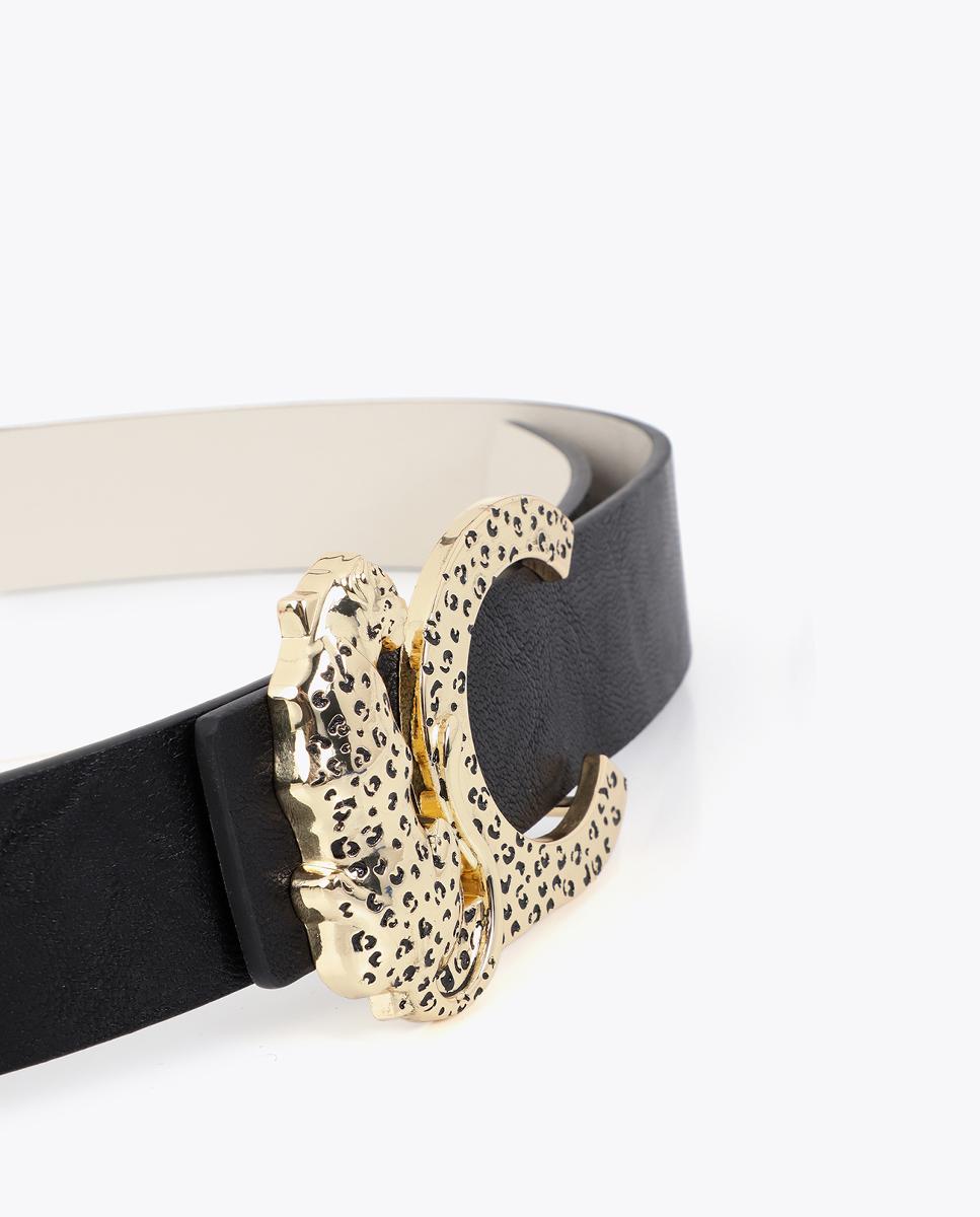Cinto Reversível com Fivela com Logótipo e Animal Print Preto-3