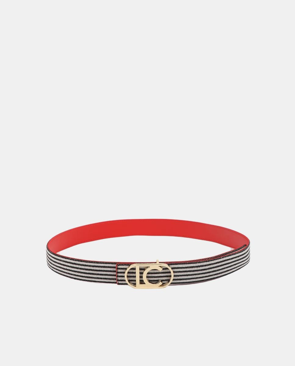 Cinto Reversível com Lona às Riscas e Fivela de Logótipo Oval - Coral Vermelho-2