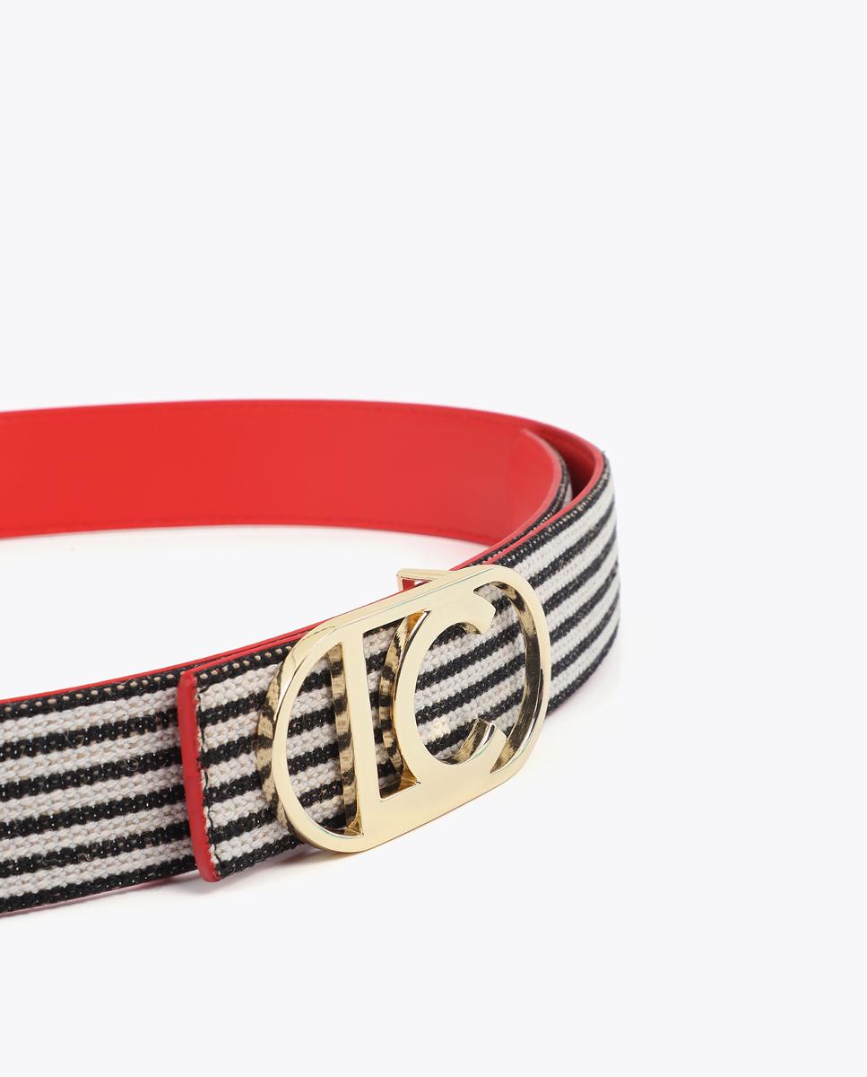 Cinto Reversível com Lona às Riscas e Fivela de Logótipo Oval - Coral Vermelho-3