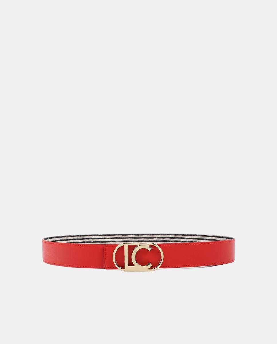 Cinto Reversível com Lona às Riscas e Fivela de Logótipo Oval - Coral Vermelho-4