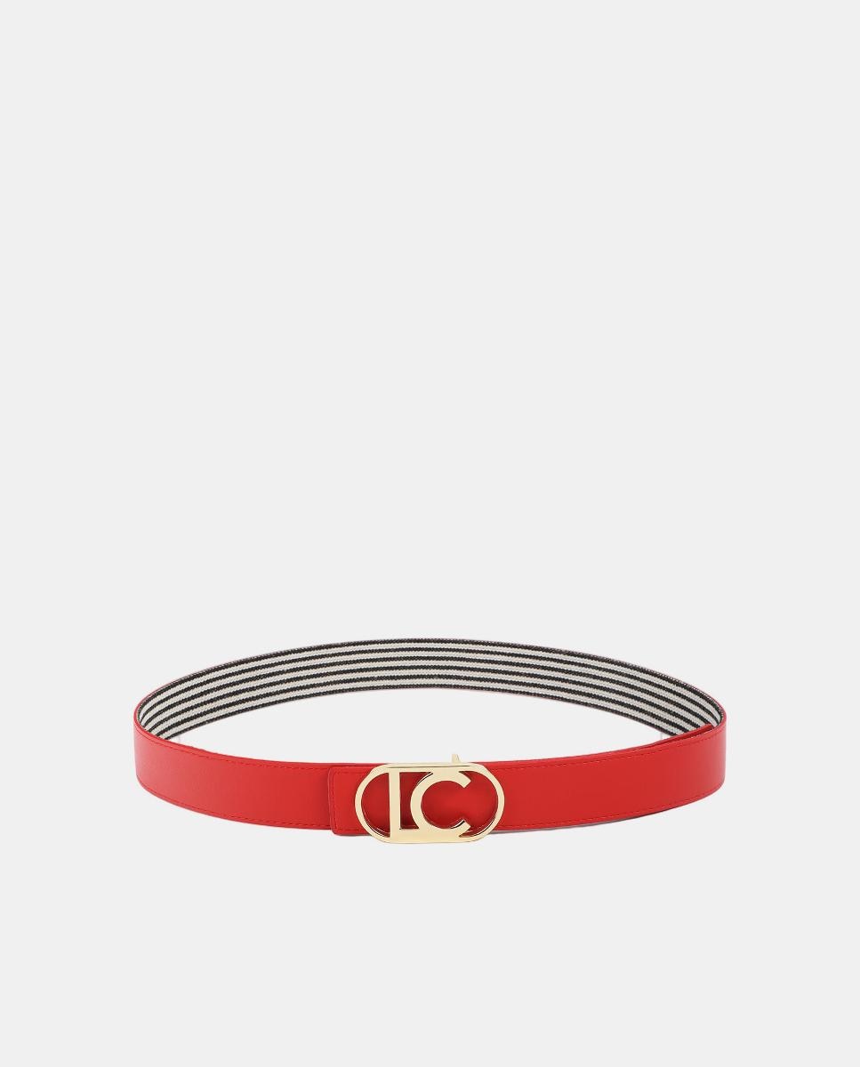 Cinto Reversível com Lona às Riscas e Fivela de Logótipo Oval - Coral Vermelho-5