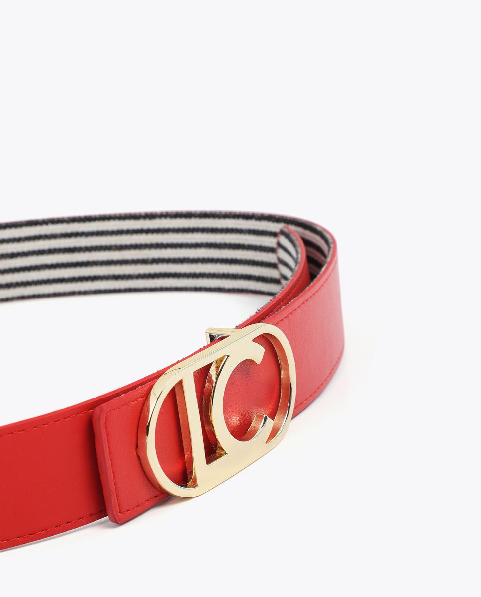Cinto Reversível com Lona às Riscas e Fivela de Logótipo Oval - Coral Vermelho-6