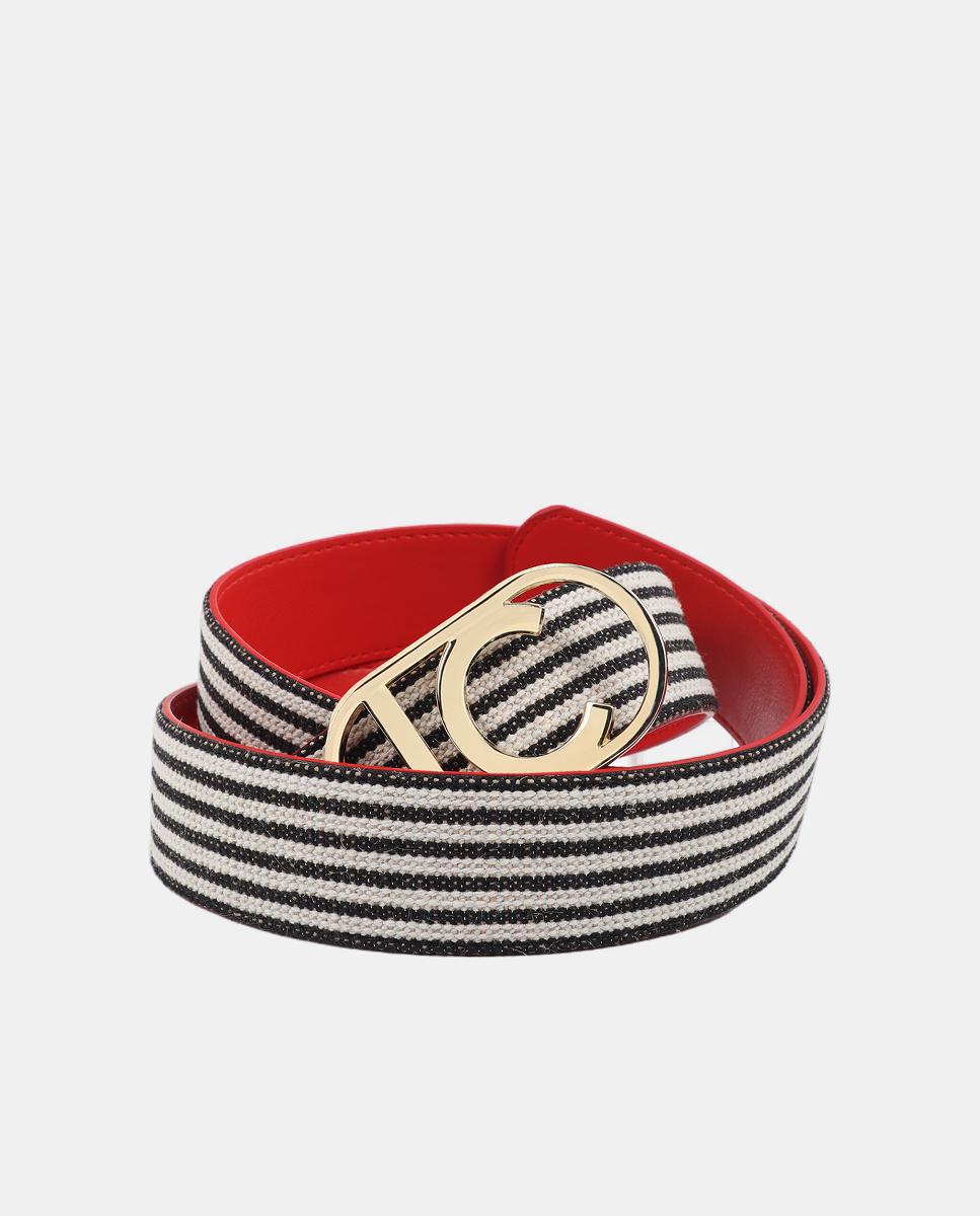 Cinto Reversível com Lona às Riscas e Fivela de Logótipo Oval - Coral Vermelho-7
