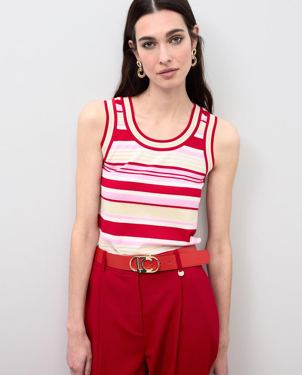 Cinto Reversível com Lona às Riscas e Fivela de Logótipo Oval - Coral Vermelho-8