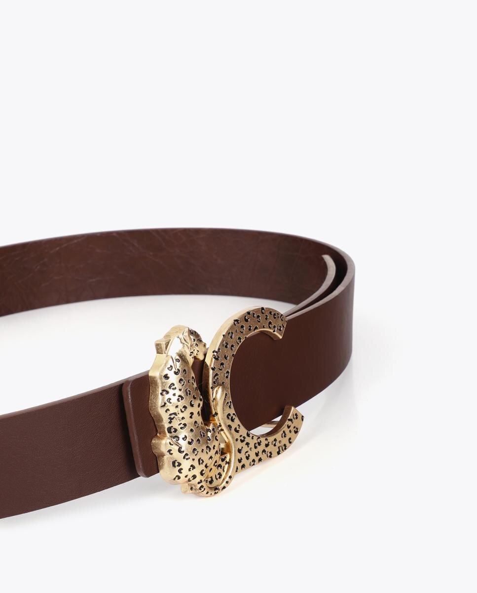Cinto Reversível de Efeito de Couro com Textura e Fivela LC Leopardo - Castanho Castanho-escuro-6