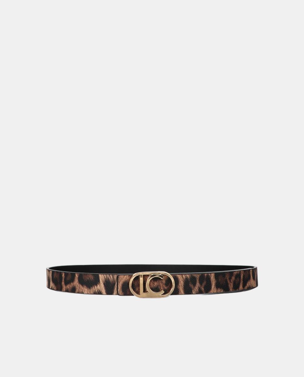 Imagem 0 de Cinto Reversível Fino de Animal Print de Leopardo com Logótipo LC Oval - Preto