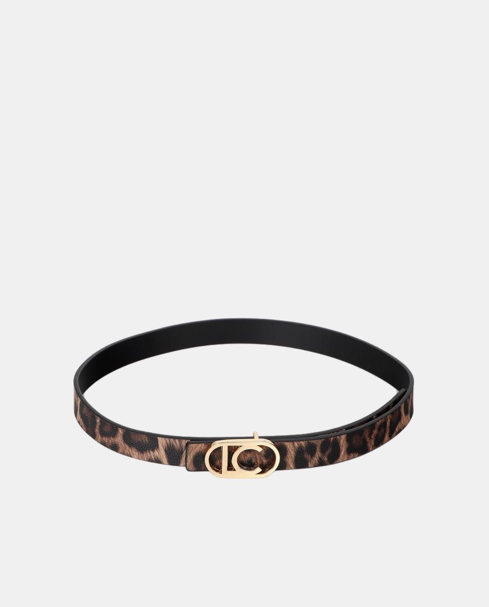 Cinto Reversível Fino de Animal Print de Leopardo com Logótipo LC Oval - Preto Castanho-2