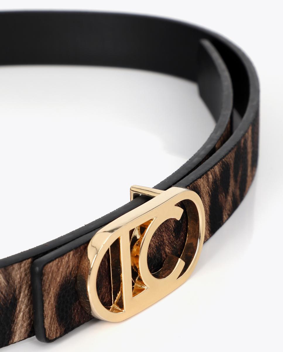 Cinto Reversível Fino de Animal Print de Leopardo com Logótipo LC Oval - Preto Castanho-3