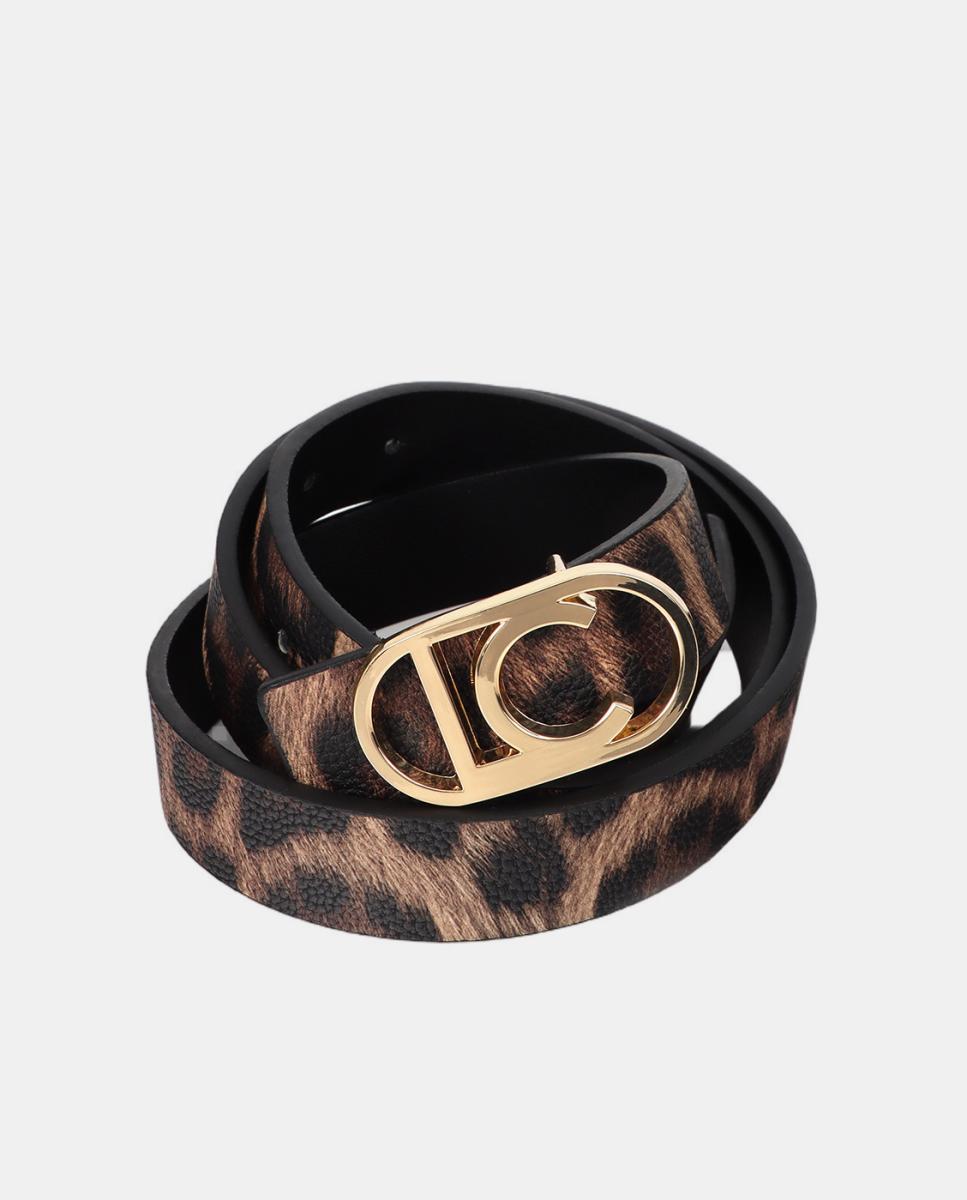 Cinto Reversível Fino de Animal Print de Leopardo com Logótipo LC Oval - Preto Castanho-4