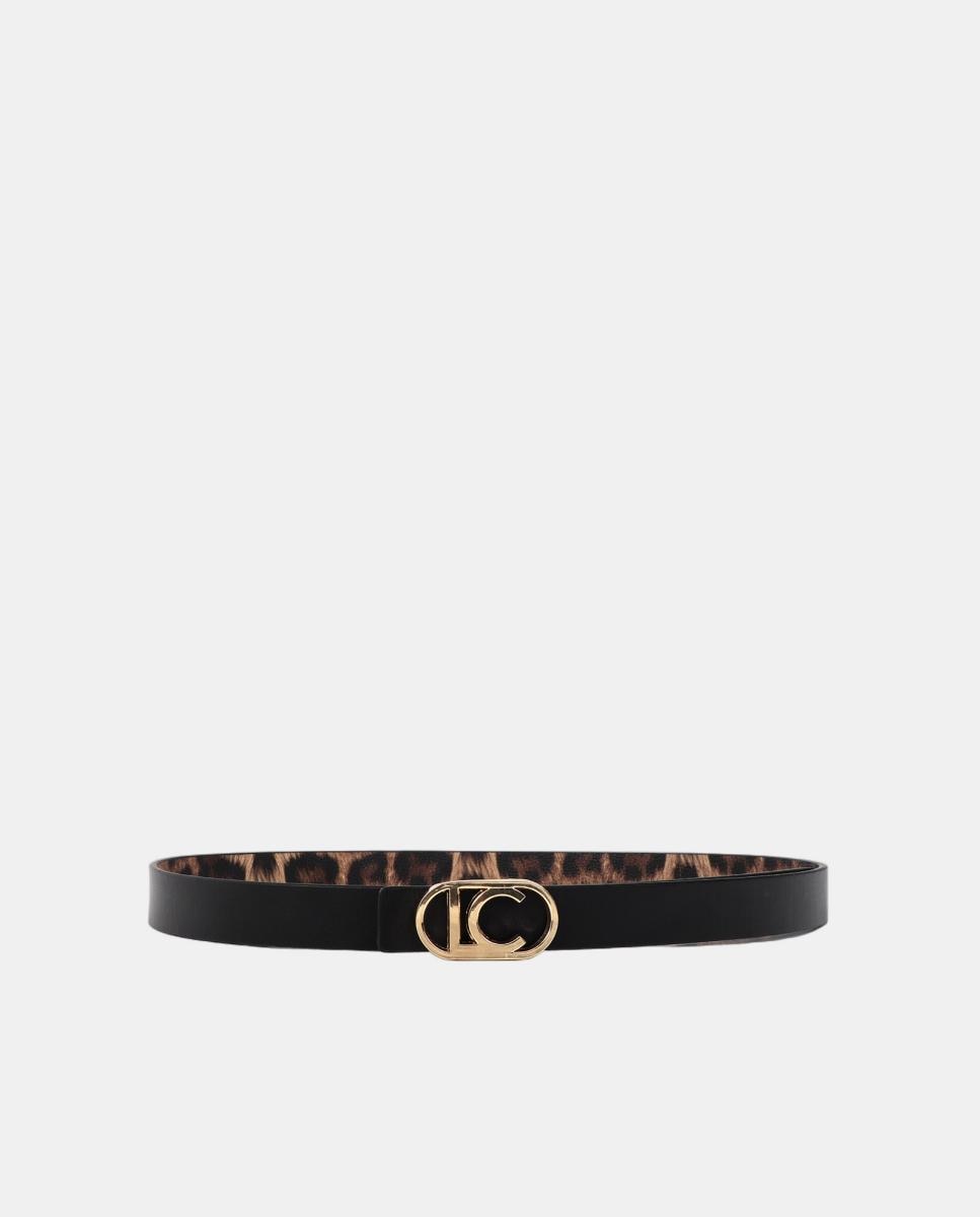 Cinto Reversível Fino de Animal Print de Leopardo com Logótipo LC Oval - Preto Castanho-5