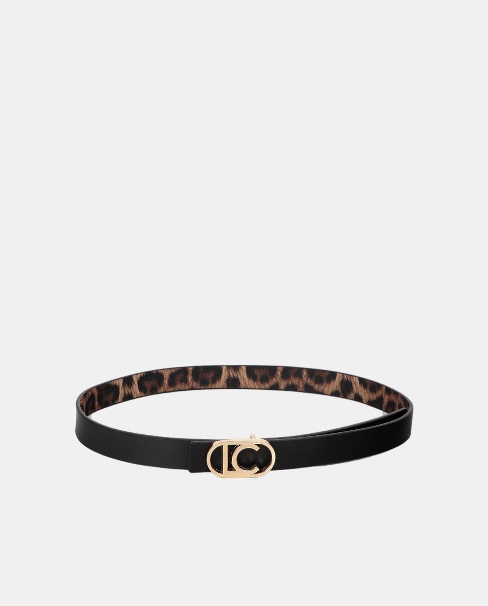 Cinto Reversível Fino de Animal Print de Leopardo com Logótipo LC Oval - Preto Castanho-6
