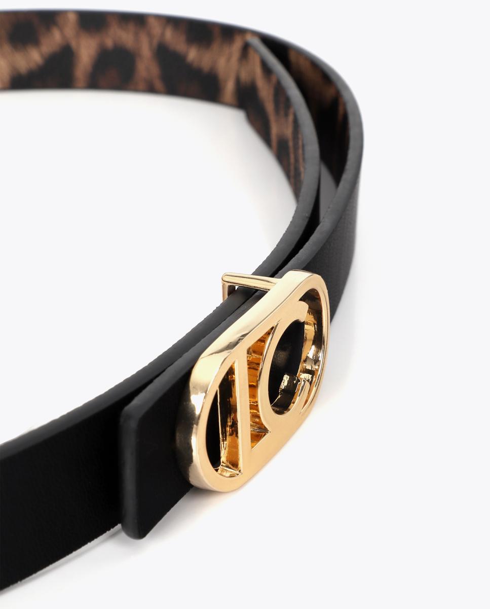 Cinto Reversível Fino de Animal Print de Leopardo com Logótipo LC Oval - Preto Castanho-7