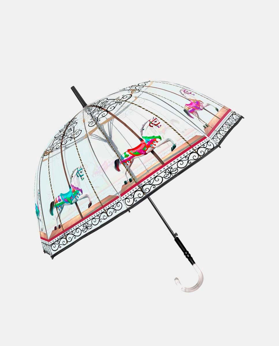 Guarda-chuva Comprido Transparente com Desenho Carrossel de Cavalos Multicolor-1
