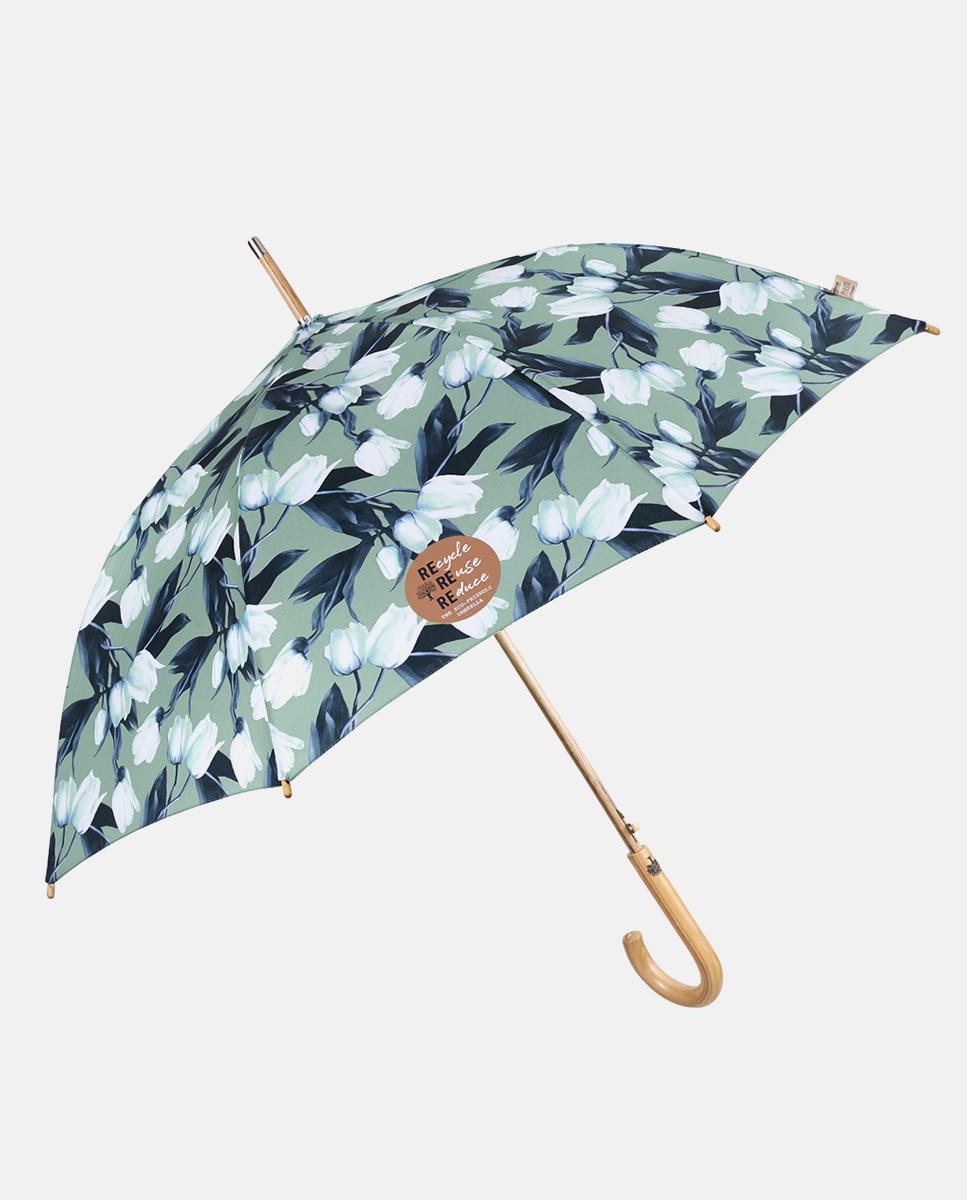 Guarda-chuva Comprido Automático Estampado de Tulipas e Tecido Reciclado Verde-claro-1