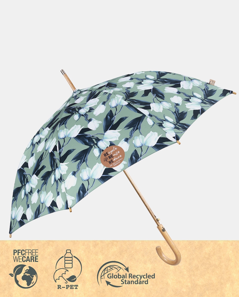 Guarda-chuva Comprido Automático Estampado de Tulipas e Tecido Reciclado Verde-claro-3