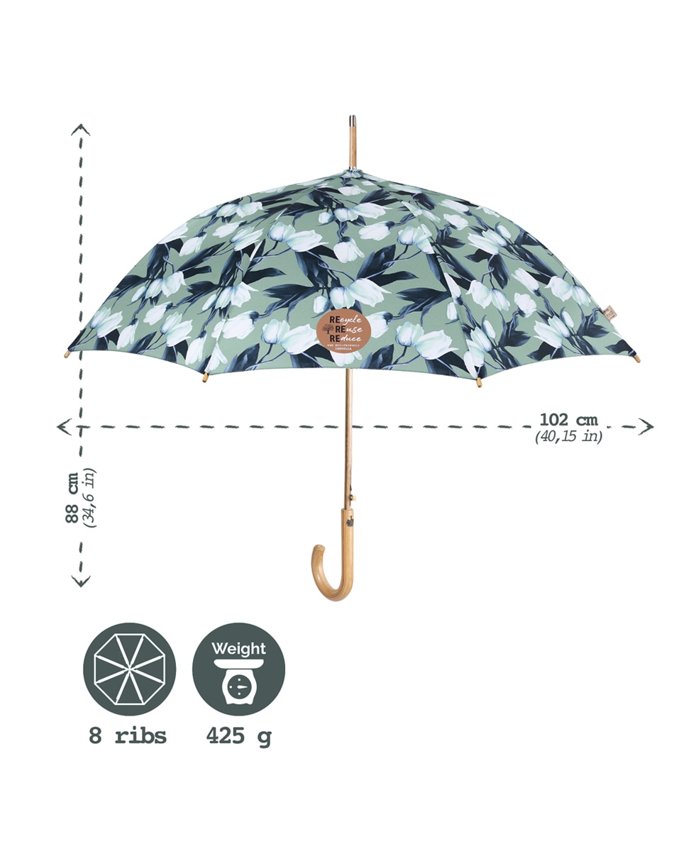 Guarda-chuva Comprido Automático Estampado de Tulipas e Tecido Reciclado Verde-claro-4