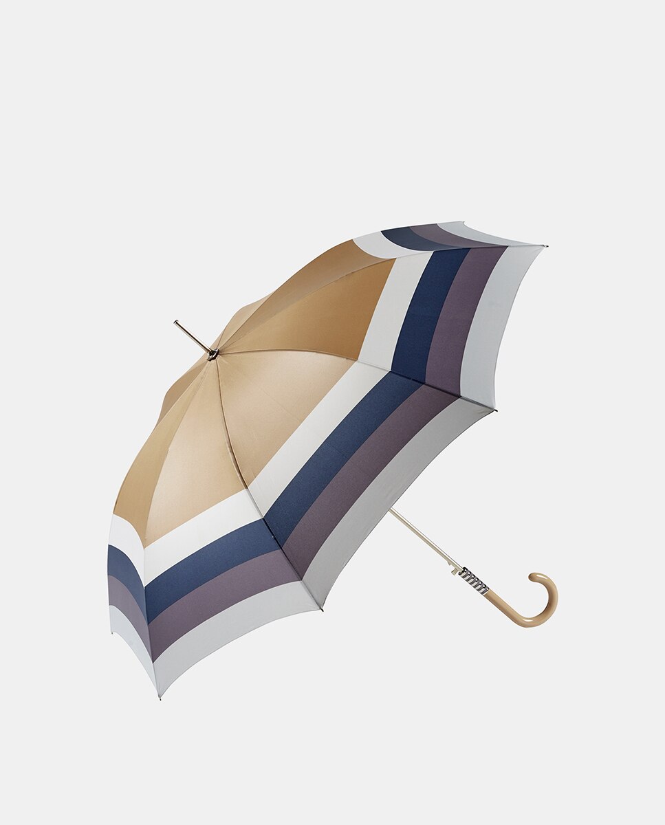 Guarda-Chuva Comprido com Rebordo Decorativo às Riscas Bege-1