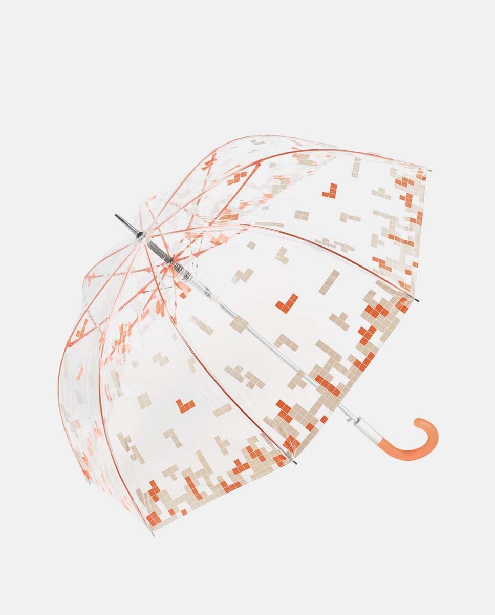 Guarda-Chuva Comprido Automático Transparente "Tetris". Inclui Varetas, Punho e Fita a Condizer com o Estampado do Tetris e Tecnologia Windproof. Laranja-1