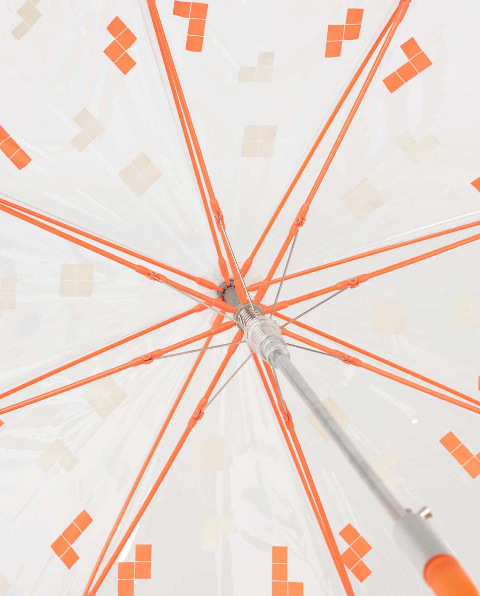 Guarda-Chuva Comprido Automático Transparente "Tetris". Inclui Varetas, Punho e Fita a Condizer com o Estampado do Tetris e Tecnologia Windproof Laranja-4