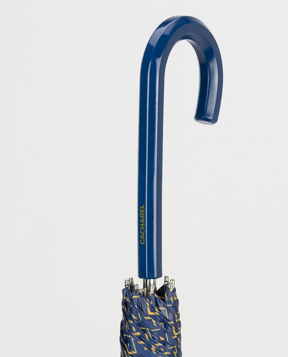 Guarda-Chuva Comprido Automático com Cabo Curvado e Estampado Geométrico Azul-3