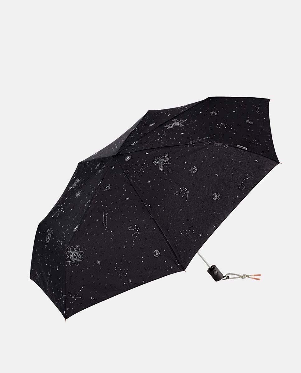Guarda-Chuva Dobrável Open+Close "Astrology". Trata-se de um Guarda-Chuva com Tecnologia Windproof e Tecido de Poliéster Reciclado e Reciclável. Preto-1