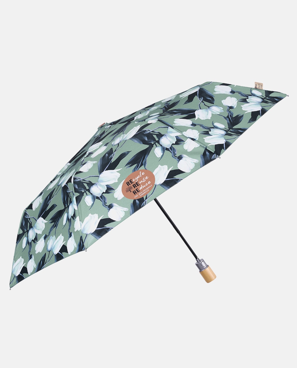 Guarda-chuva Dobrável Automático Estampado de Tulipas e Tecido Reciclado Verde-claro-1
