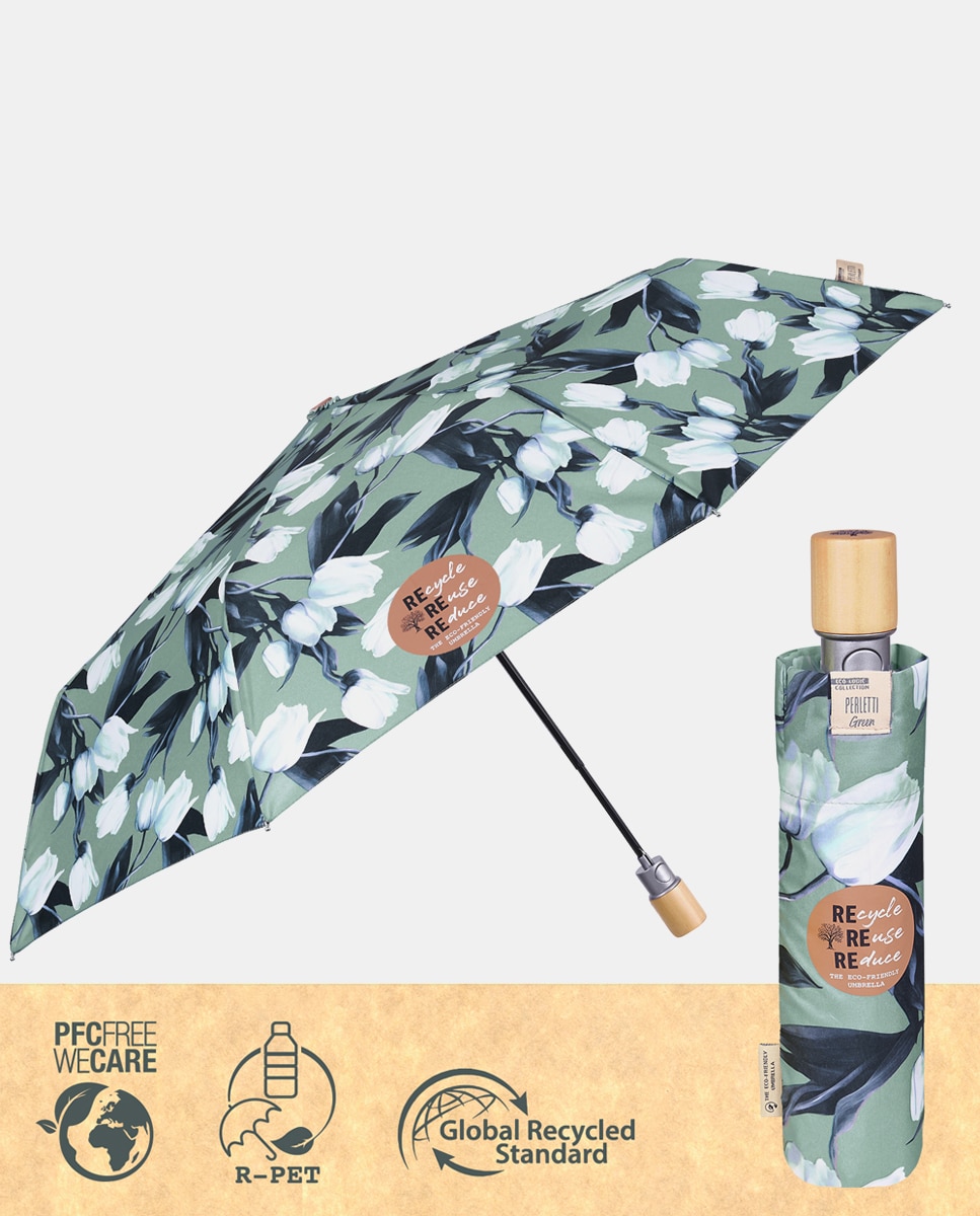 Guarda-chuva Dobrável Automático Estampado de Tulipas e Tecido Reciclado Verde-claro-3