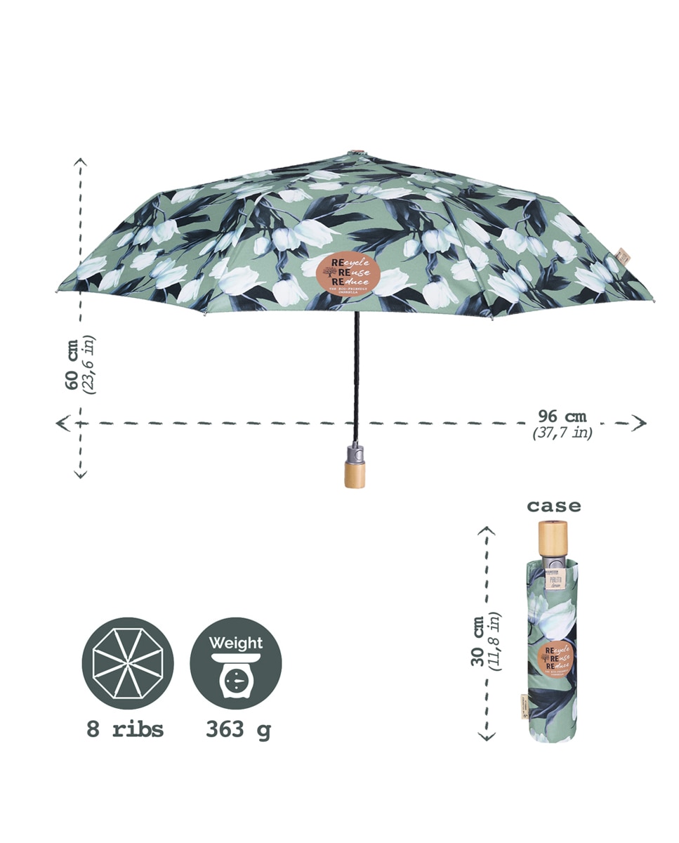 Guarda-chuva Dobrável Automático Estampado de Tulipas e Tecido Reciclado Verde-claro-4