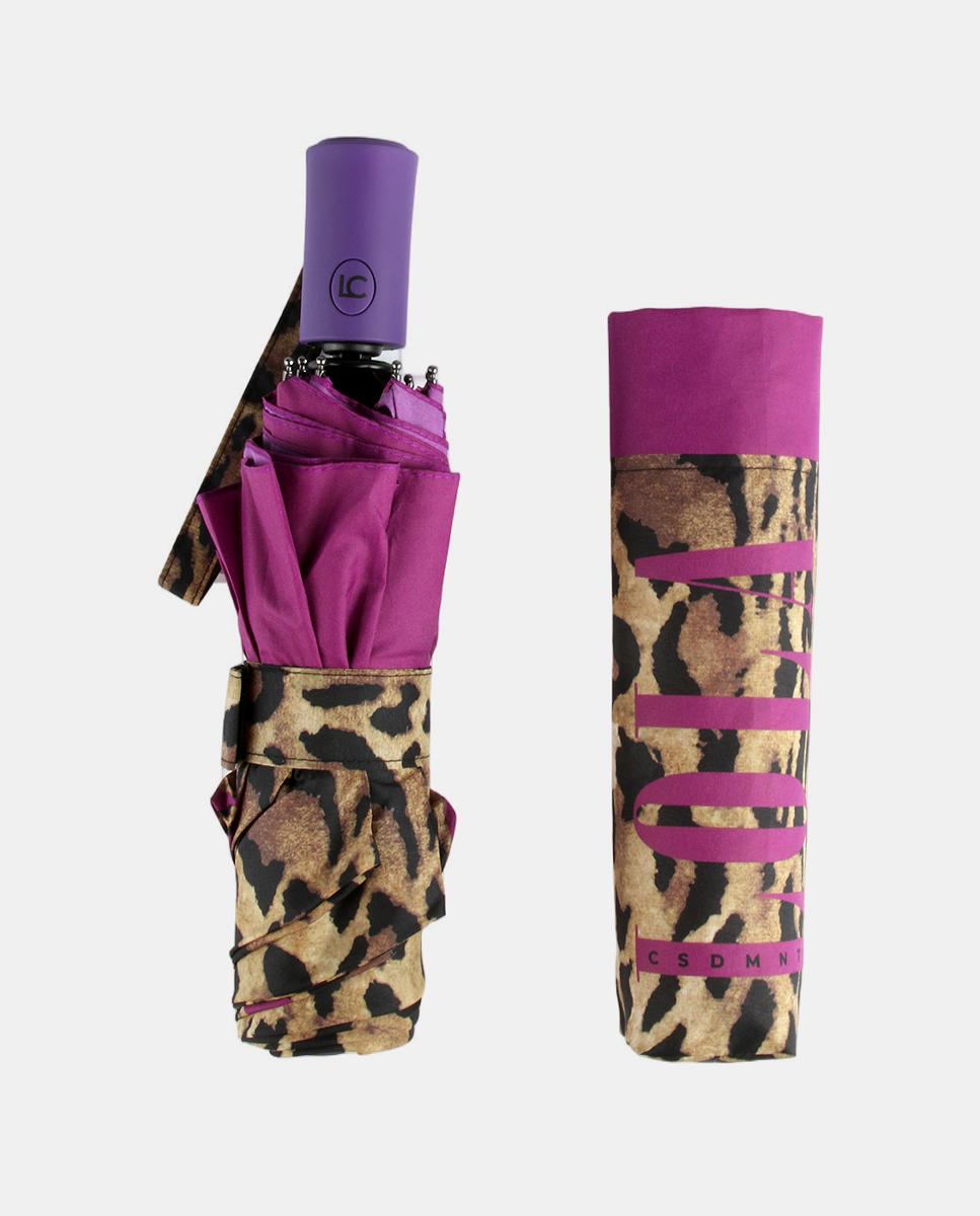 Guarda-Chuva Pequeno Automático com Animal Print - Lilás/Castanho Castanho-2