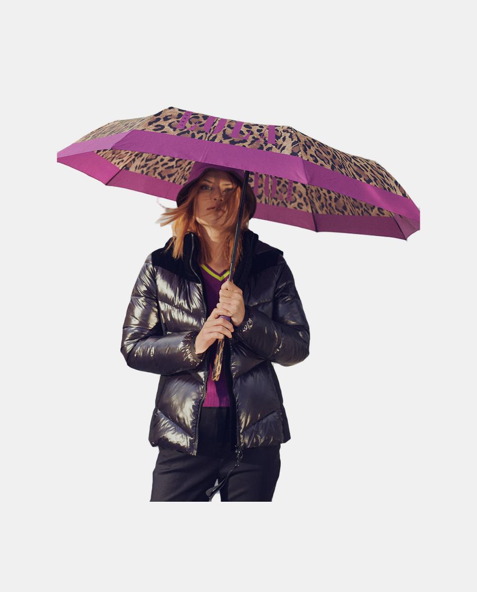Guarda-Chuva Pequeno Automático com Animal Print - Lilás/Castanho Castanho-5