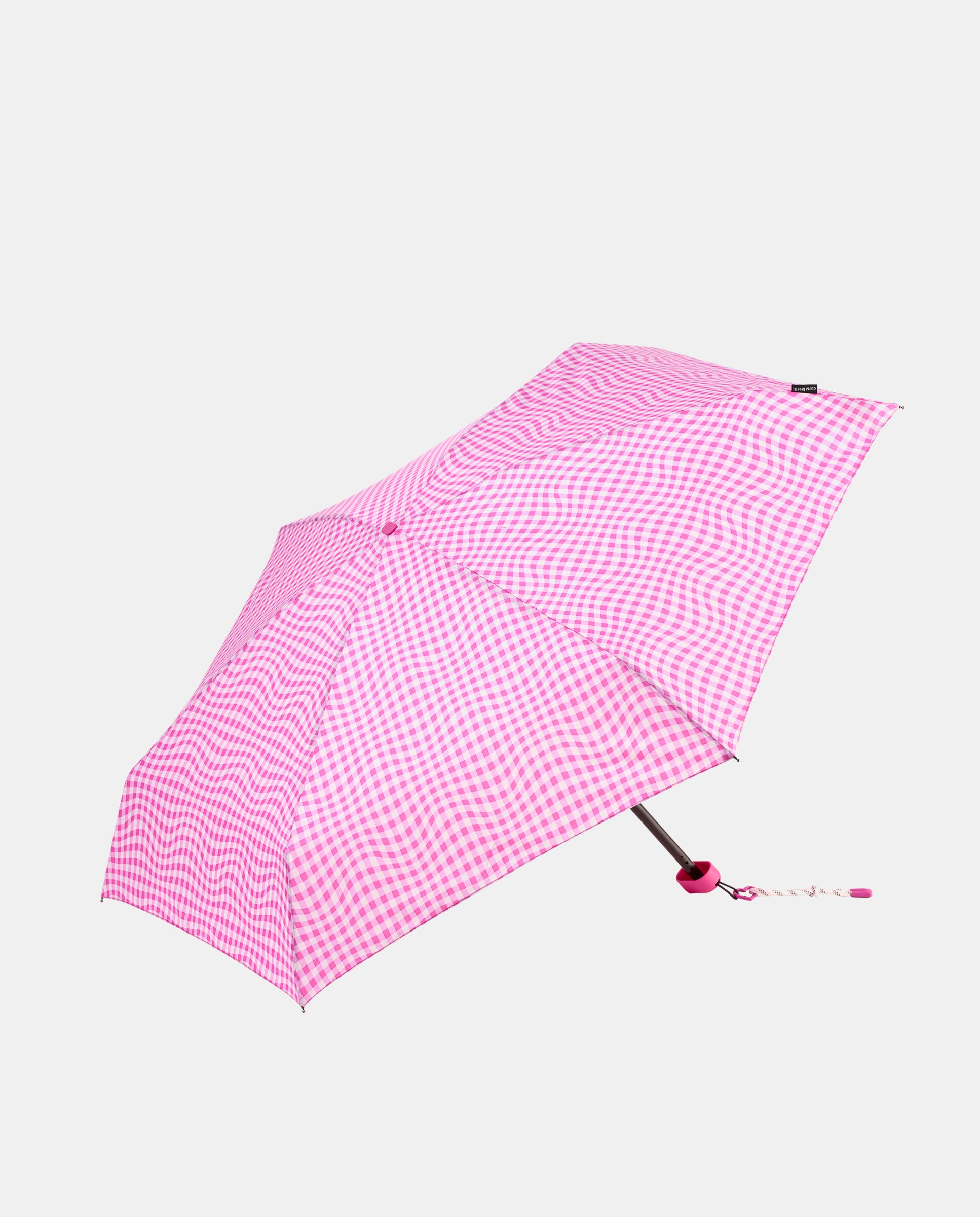 Guarda-Chuva Dobrável Mini Manual "Vichy". Trata-se de um Guarda-Chuva Ultraligeiro com Bolsa, UVP 50+, Tecido de Poliéster Reciclado e Reciclável Fúcsia-1