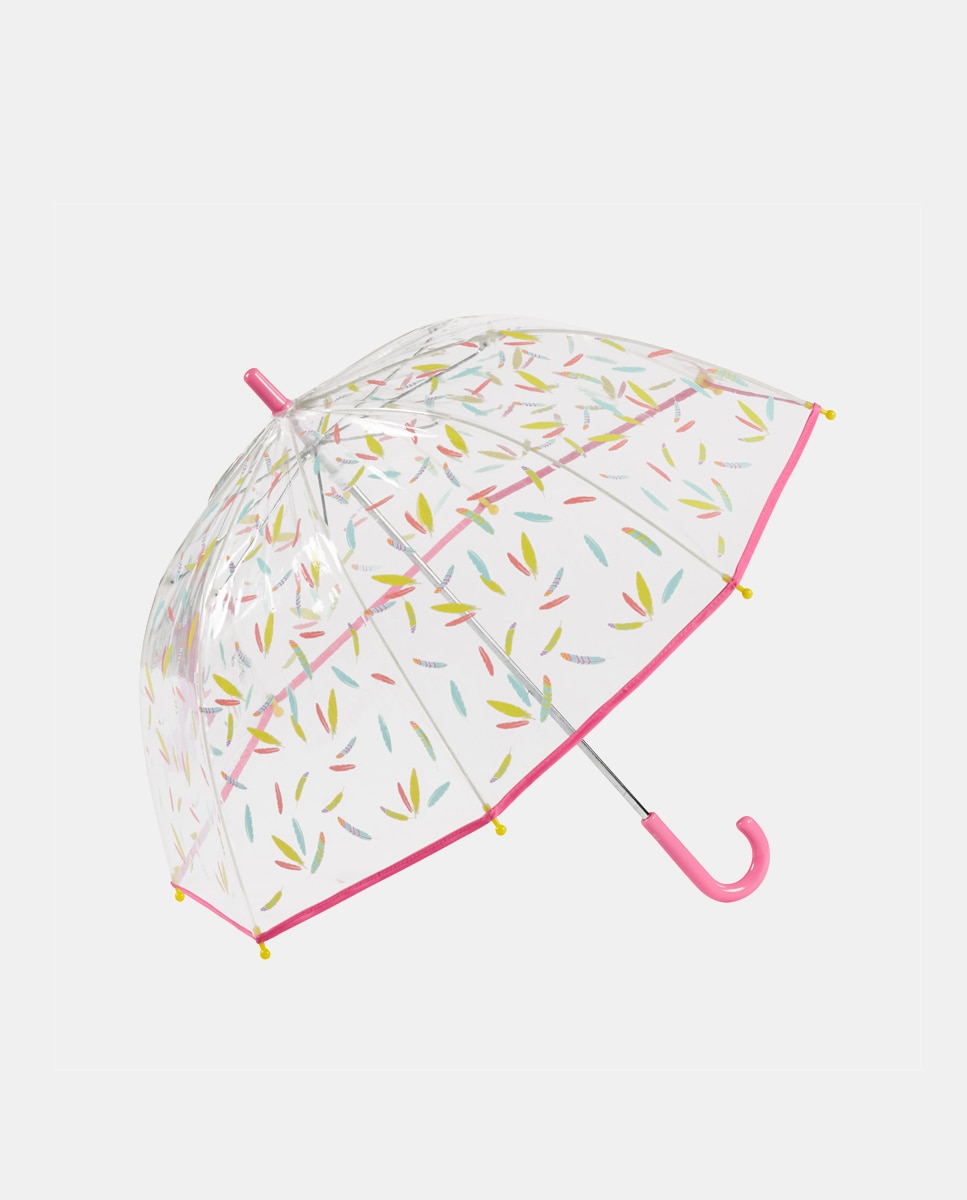 Imagem 0 de Guarda-Chuva Infantil Automático com Estampado de Penas - Transparente/Rosa