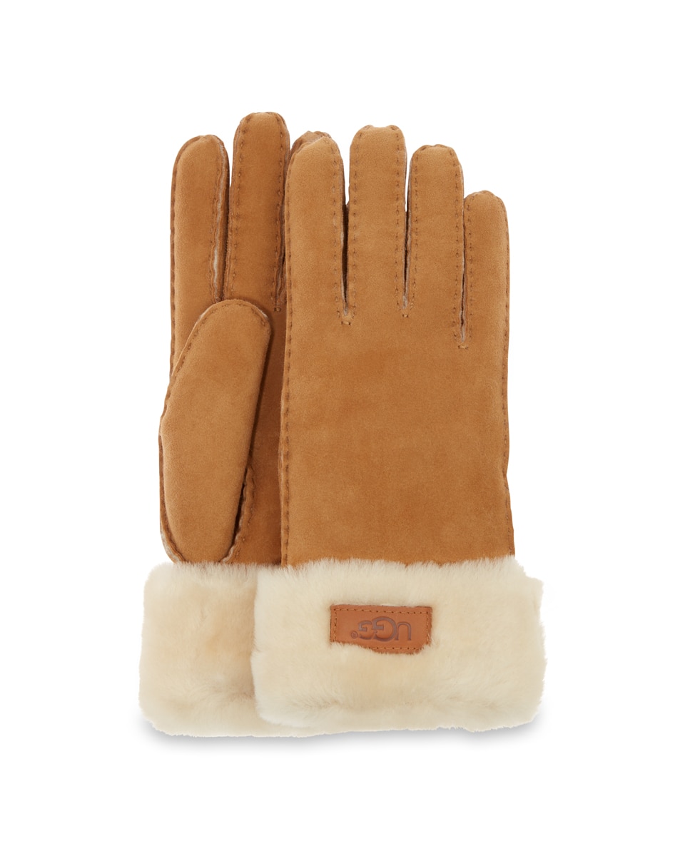 Luvas em pele UGG castanhas com pormenor de pêlo Mostarda-2