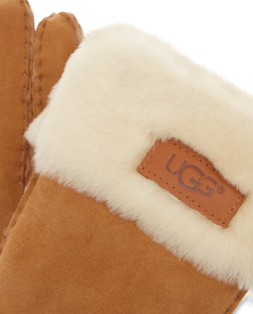 Luvas em pele UGG castanhas com pormenor de pêlo Mostarda-3