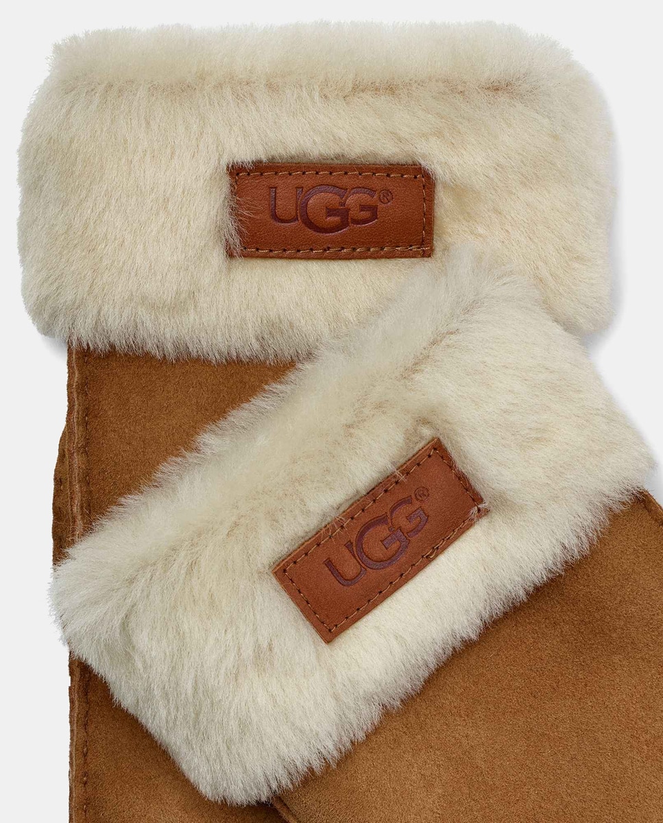 Luvas em pele UGG castanhas com pormenor de pêlo Mostarda-5