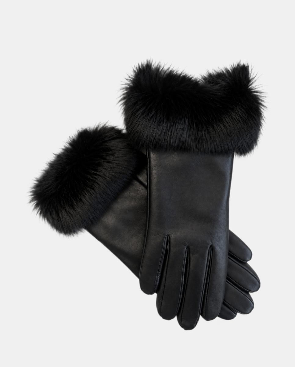 Luvas em Pele Forradas com Punho com Pelo Preto-2