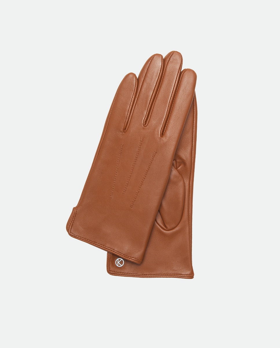 Luvas Clássicas Carla com Três Remendos e em Pele - Vermelho Castanho-claro-3