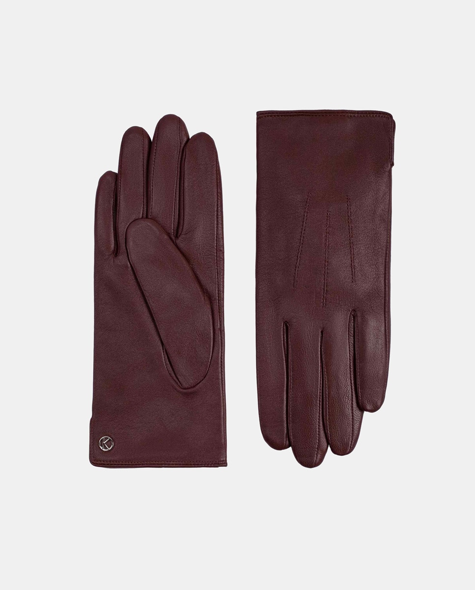 Luvas em Pele com Detalhe de Veias no Dorso Bordeaux-2