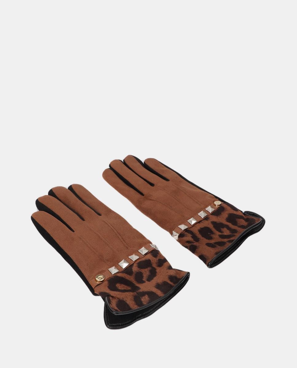 Luvas Combinadas com Punho de Animal Print - Multicolor Castanho-3