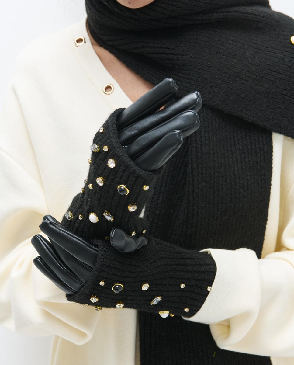 Luvas Combinadas de Malha com Pérolas e Cristais Preto-8