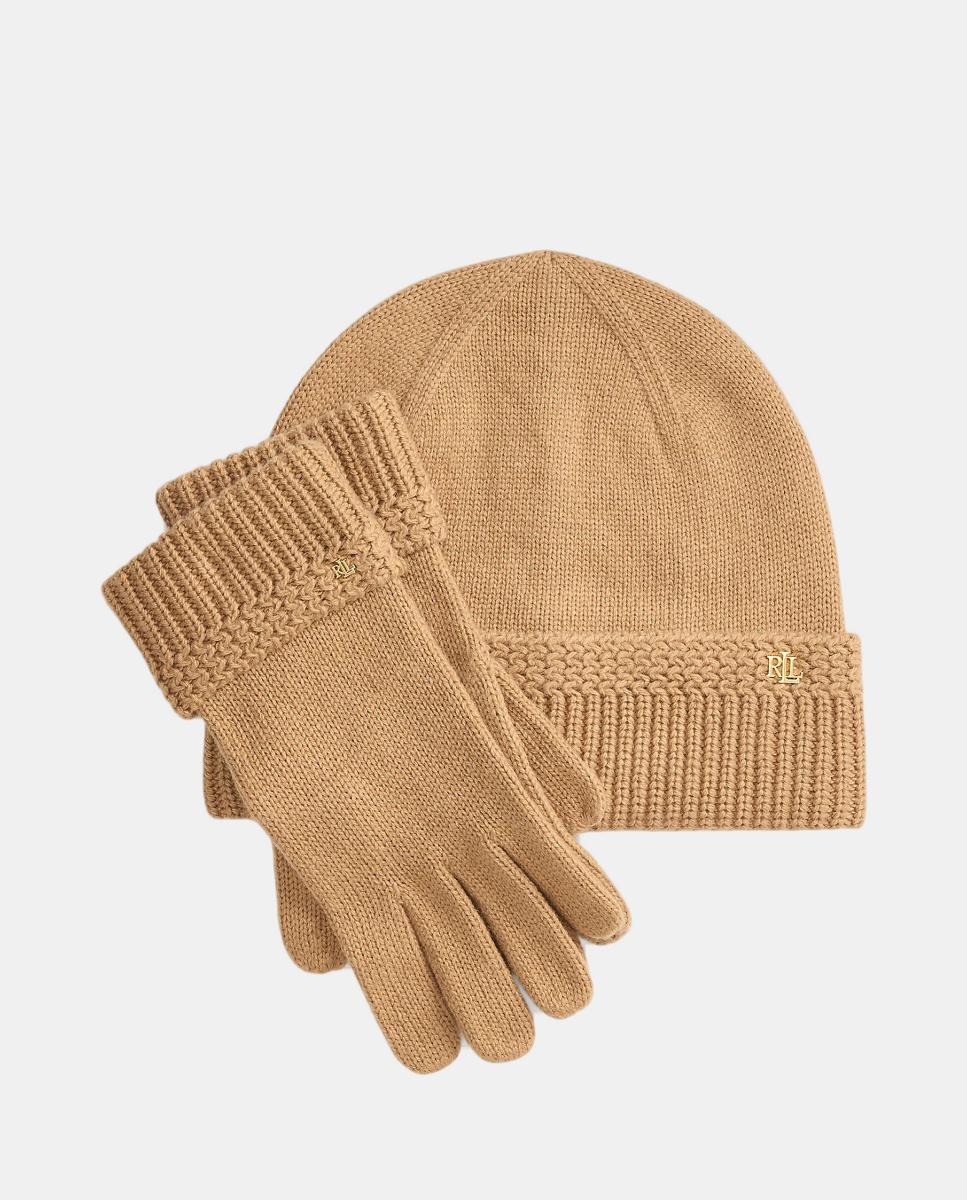 Conjunto de Gorro e Luvas de Malha com Logótipo LRL. Camel-1