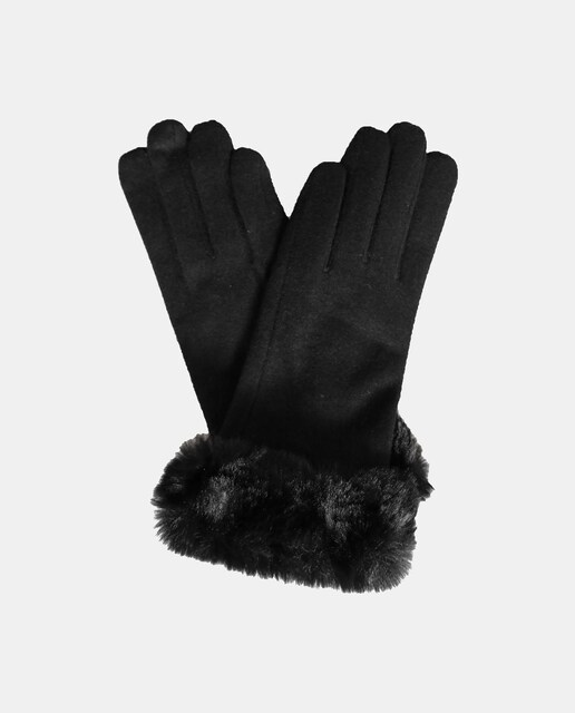 Imagen 0 de Guantes de lana en negro con puño de pelo sintético