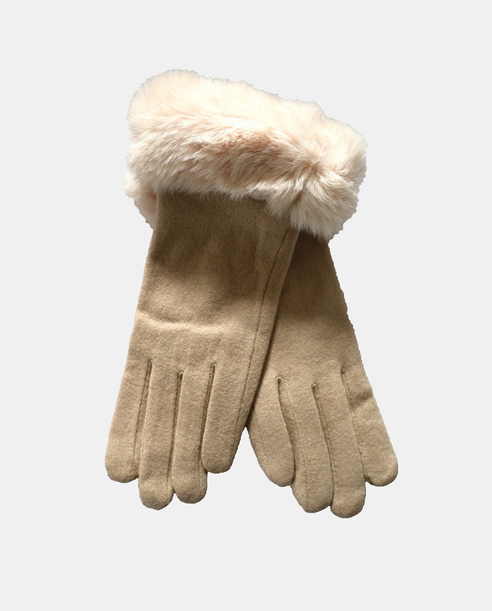 Imagem 0 de Luvas com Punho de Pelo Sintético e em Lã - Bege