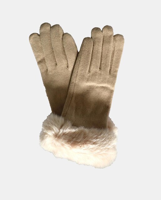 Imagen 0 de Guantes de lana en beige con puño de pelo sintético